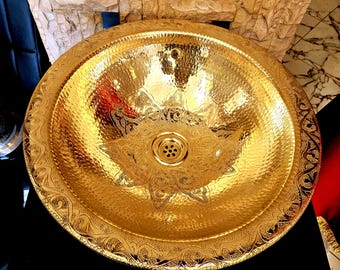 Handcrafted and hand-engraved round solid copper basin, customizable copper bathroom basin.