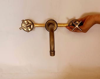 Patinated Brass Bathroom Faucet with Two Cross Handles and Raw Brass Valve - Brass Wall Mounted Faucet, Bronze Finish Kitchen Faucet.