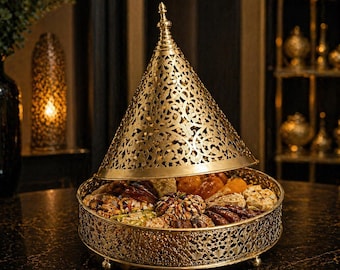 Moroccan Handmade Brass Serving Dish with Lid – maroccan tagine – Luxury Gold Tagine for Dates & Nuts – Decorative Tray Home Decor
