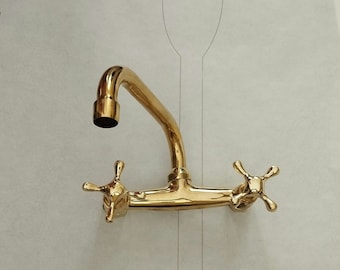 Handmade Wall Mounted Kitchen And Bath Bridge Faucet, Unlacquered Bathroom Fixture. Unlacquered Brass Faucet.