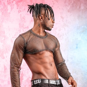 Unisex Crop Top Schwarz Glänzendes Tüll Crop T-shirt Schiere Mesh Tank Mann / Frau Crop Transparent Langarm Rundhalsausschnitt Top