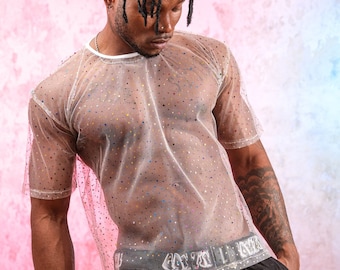 White Tulle Sheer Shiny / White Sheer T-Shirt for Men/Women Sexy, Nightclub, Party, Dancing, Festival, Rave Costume Clothing