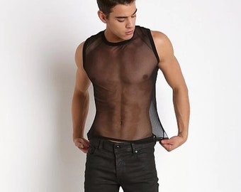 Unisex Black Tulle Sleeveless Body / Black Sheer T-Shirt for Men/Women Sexy, Nightclub, Party, Dancing, Festival, Rave Costume Clothing