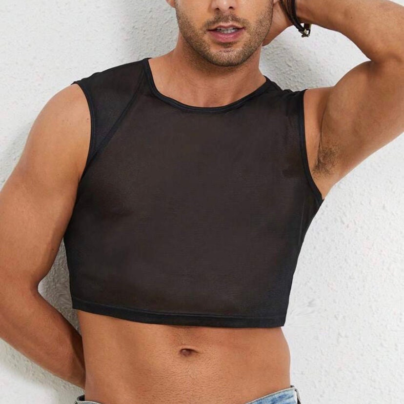 Unisex Crop Top Black Tulle Sleeveless Crop T-shirt Sheer Mesh