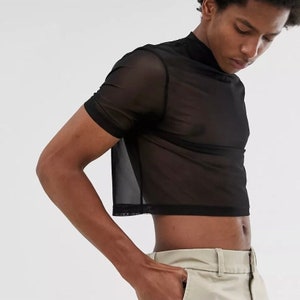 Unisex Crop Top Black Tulle Crop T-shirt Sheer Mesh Tank Man/Women Crop Party,DJ Disco, Festival, Rave, Gothic Costume Clothing