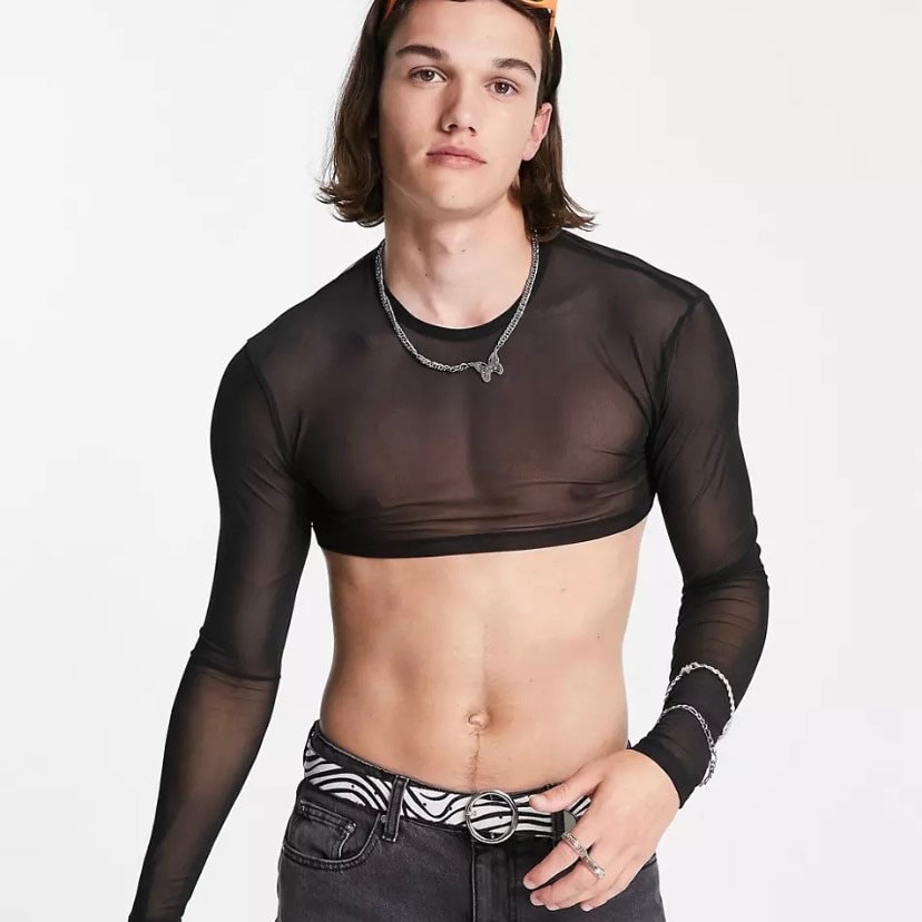 トップス cropped see-through top archive Unisex Crop Top Black Tulle Long Sleeve Body Tshirt / Mesh Tank