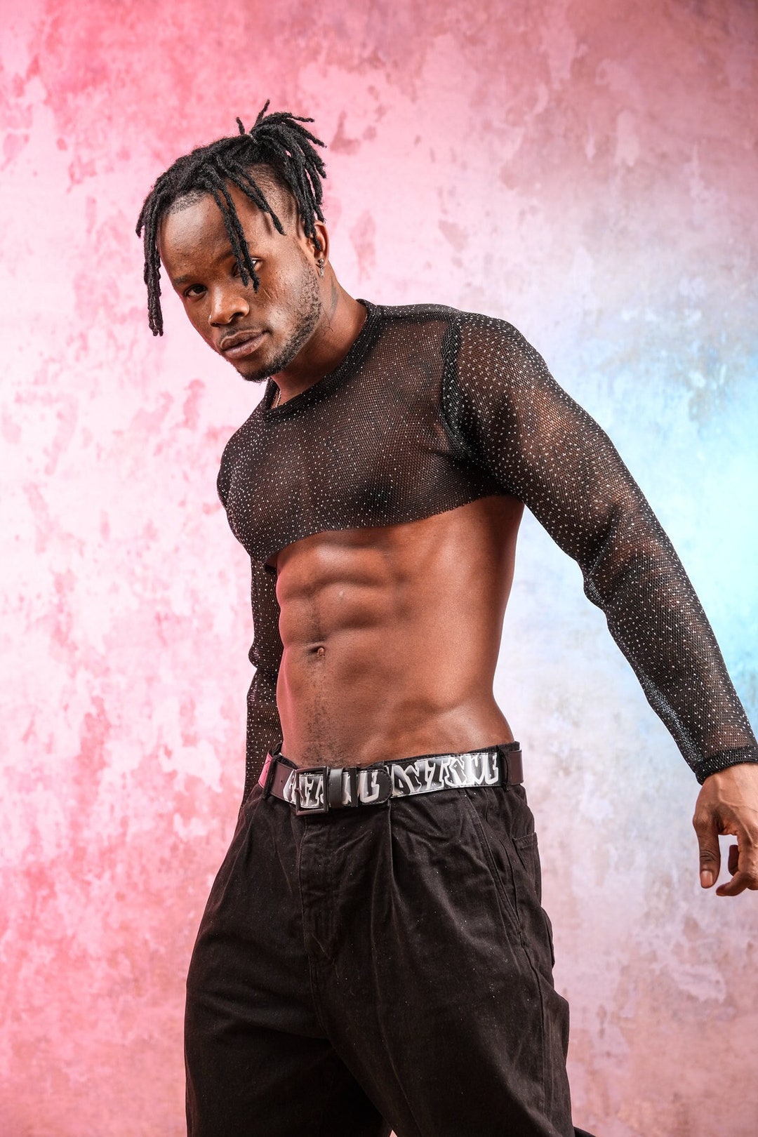 Unisex Crop Top Black Shiny Tulle Crop T-shirt Sheer Mesh Tank Man