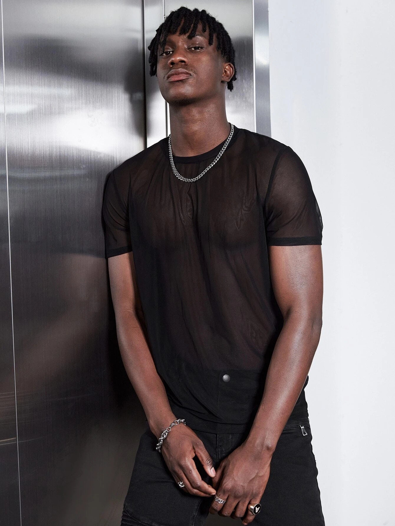 Black Tulle Short Sleeve Body / Black Men's Sheer T-shirt for Man
