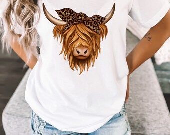Camiseta con estampado de vaca de las Tierras Altas con leopardo, camisa con estampado animal.