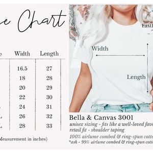 May include: Size chart for a unisex t-shirt, showing width and length measurements in inches for sizes XS to 3XL. The chart includes the brand name "Bella & Canvas 3001" and details about the fabric composition: 100% airlume combed and ring-spun cotton, with the ash color being 99% airlume combed and ring-spun cotton, 1% polyester.