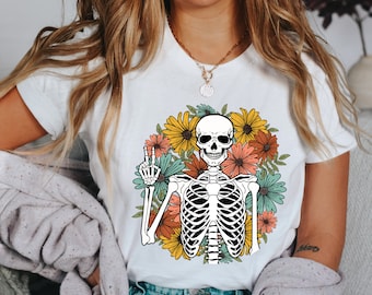 Camicia pace scheletro floreale, camicia scheletro, camicia teschio fiore, t-shirt floreale retrò, camicia scheletro divertente, t-shirt scheletro