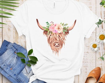Hemd mit Hochlandrind-Blumenmuster, T-Shirt aus ultra-Baumwolle mit Grafikprint