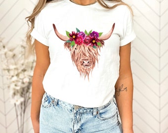 T-Shirt mit floralem Hochlandrind-Motiv, Ultra-Baumwollhemd