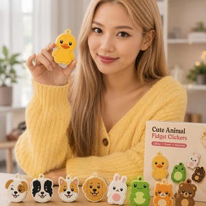 May include: A collection of animal-shaped fidget clickers featuring various designs including a yellow duck, white rabbit, green frog, brown bear, and several dog breeds. The packaging displays the text Cute Animal Fidget Clickers.