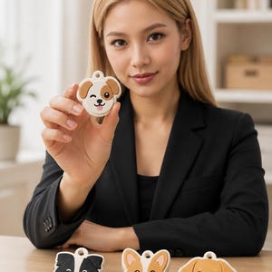 May include: A collection of four silicone dog-shaped charms featuring various breeds including a brown and white puppy, a black and white dog, a tan and white corgi, and a golden-colored dog, each with a small loop at the top for attachment.