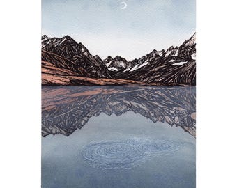 Mountain lake  mountain print, Mountain wall art, Watercolour mountain print, mountain drawing, Gift for mountain lover | THE RIPPLE