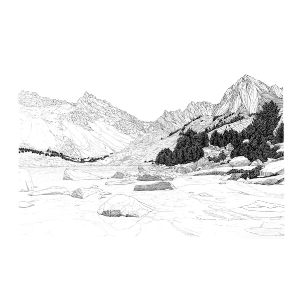 Mountain print, California illustration, impression montagne, black and white drawing, mountain wall art, Gift for hiker | BLUE LAKE