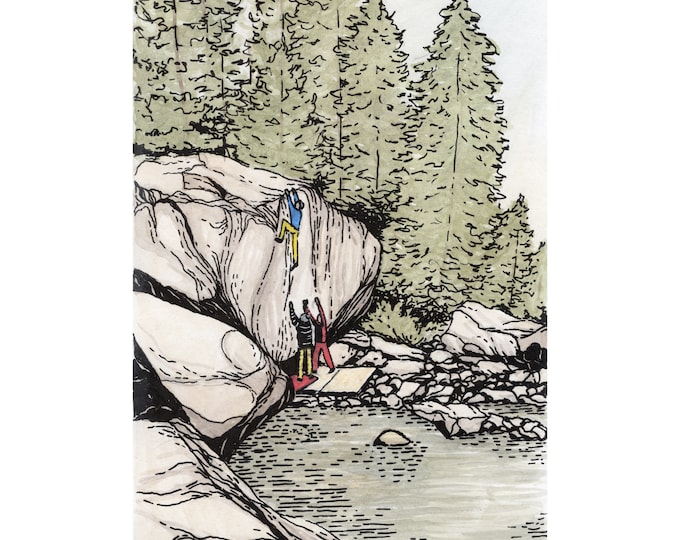 Climbing print, Gift for climber, Rock Climbing drawing, dessin d'escalade, Rock climbing art | BY THE RIVER
