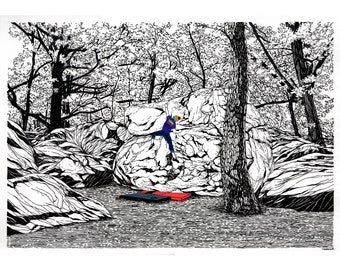 Fontainebleau print, Gift for climber, bouldering drawing, dessin d&#39;escalade, climbing art, Fountainebleau forest | HIER ENCORE