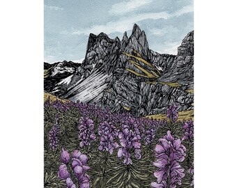 alpine flower field  mountain print, Mountain wall art, Watercolour mountain print, mountain drawing, Gift for mountain lover | FLOWER POWER