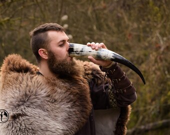 Viking Drinking Horn with Horn Stand - 12 Inch | 100% Authentic Handmade Beer Cup | Food Grade | Unique Genuine Ox Horn | Gift Bag