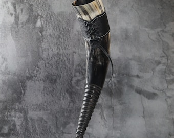 Handcrafted Viking Drinking Horn with Leather Holster & Iron Stand