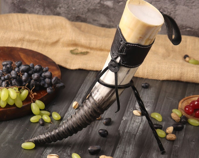 Viking Drinking Horn 10-14oz -  Gift Set | Ox Horn with Stand, Opener & Holster