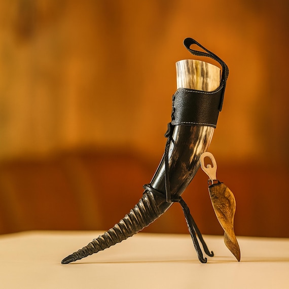 Handcrafted Viking Drinking Horn Set: Food Safe Ox Horn with Stand