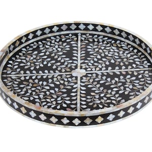 Handmade Round Mother of Pearl Inlay Tray Floral Home Decorative Tray Home Décor Tray Serving tray Round tray inlay wood tray Décor