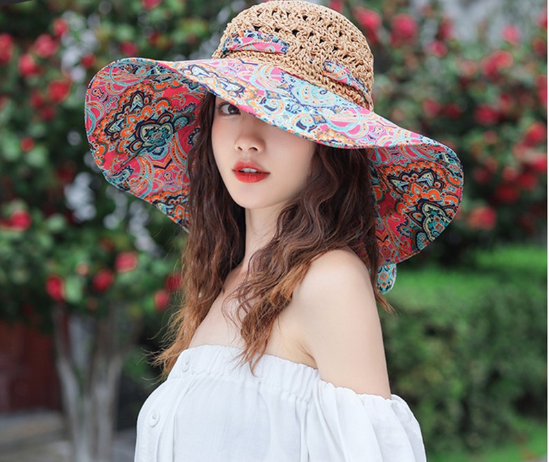 Summer Floral Wide Brim Bucket Hat Foldable Straw Sun - Etsy