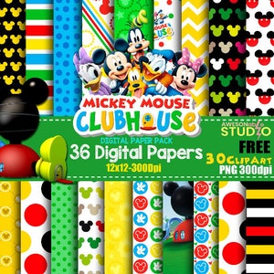 Mickey ClubHouse 36 Digital Paper Pack, Club house Scrapbook Paper, Mouse Paper, Free 30 PNG Clipart