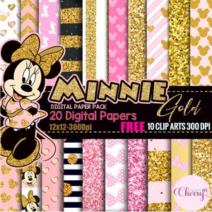 Minnie Mouse Gold pink digital paper, FREE Clip art, Gold glitter minnie,scrapbook papers, wallpaper, Minnie background, Minnie Gold Pattern