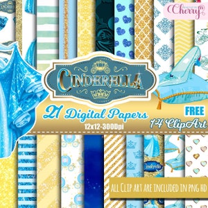 Cinderella Princess Digital Paper, Gold yellow and Blue Cinderella paper Scrapbooking Backgrounds Princess patterns for party and invitation