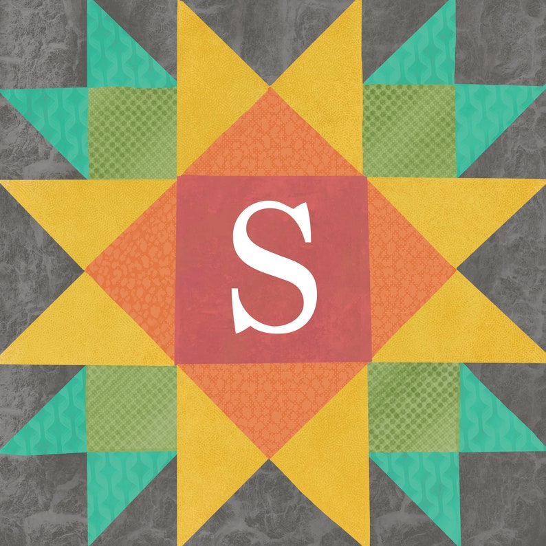 May include: A yellow, orange, and green patchwork quilt block with a red center square featuring the letter "S" in white.