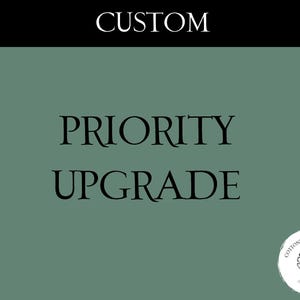 May include: A digital graphic with the word "CUSTOM" in white at the top, above the words "PRIORITY UPGRADE" in black. The background is a muted green color. A circular logo with floral elements is in the bottom right corner.