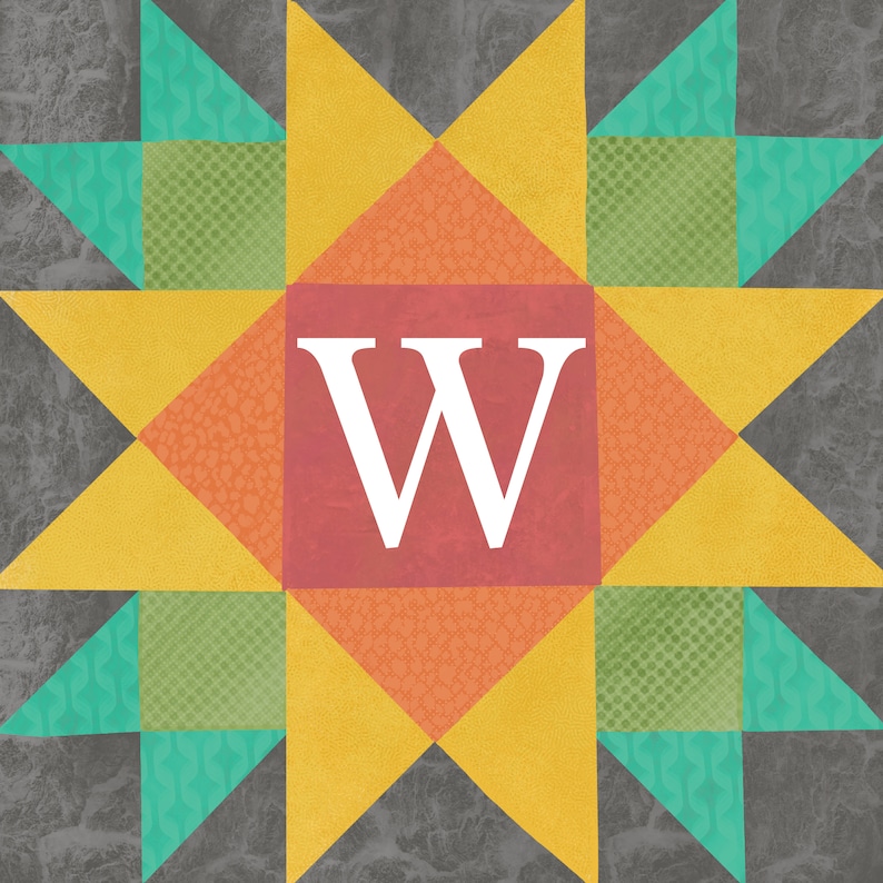 May include: A yellow, orange, and green patchwork quilt block with a red center square featuring the letter "W" in white.