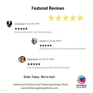 May include: Featured Reviews with five-star ratings for a product. The reviews highlight fast shipping and good quality. The text reads "Order Today. We're fast!" and includes the website address www.ChattanoogaDesignWorks.com.