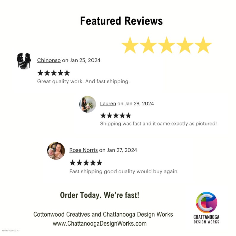 May include: Featured Reviews with five-star ratings for a product. The reviews highlight fast shipping and good quality. The text reads "Order Today. We're fast!" and includes the website address www.ChattanoogaDesignWorks.com.