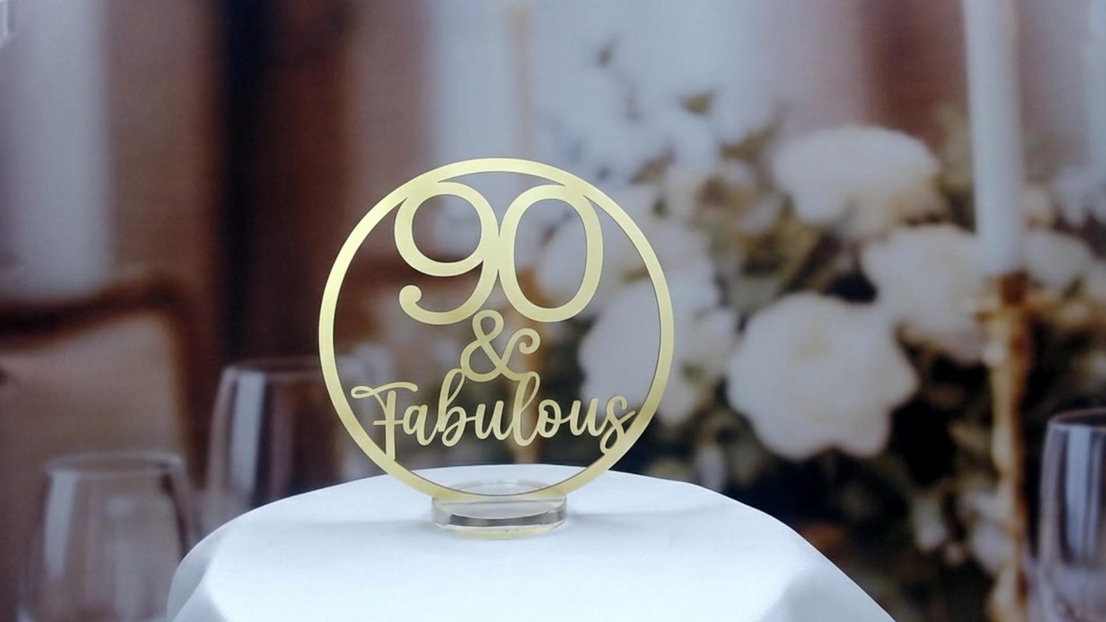 90th Birthday Table Sign  Gold Acrylic Party Centerpiece Not Cheap Cardboard