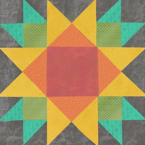 May include: A quilt block with a star design in yellow, orange, red, green, and blue. The star is surrounded by a gray background.