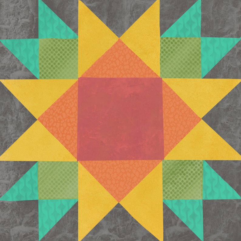 May include: A quilt block with a star design in yellow, orange, red, green, and blue. The star is surrounded by a gray background.