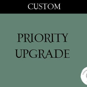 May include: A graphic with the word "CUSTOM" in white at the top, above the words "PRIORITY UPGRADE" in black. The background is a muted green. A circular logo with the text "COTTONWOOD CREATIVES" and a floral design is in the bottom right corner.