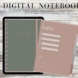 Puede incluir: Un cuaderno digital que se muestra en una tableta negra. El cuaderno tiene una cubierta verde con la palabra "notas" en cursiva. Una página separada muestra la palabra "Índice" y pestañas numeradas. El texto en la parte superior dice "DIGITAL NOTEBOOK".