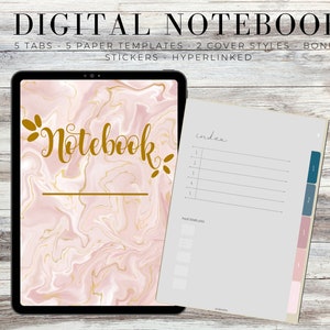 Puede incluir: Un cuaderno digital en una tableta, con un diseño de mármol rosa y detalles dorados. La palabra "Notebook" está en escritura dorada. La imagen también muestra una página con un índice y pestañas de colores.