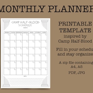 Monthly Camp Half-Blood Printable Planner | Schedule | Rick Riordan | Percy Jackson | Annabeth Chase | Nico di Angelo | PDF | JPG|