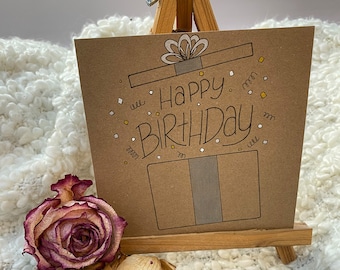 Birthday card "Surprise", birthday card, greeting card hand lettering, folding card, Happy Birthday, Handmade