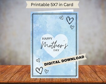 Happy Mother’s Day Printable Card, blue hearts, watercolor greeting card