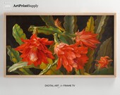 Samsung Frame TV Art Flower Oil Painting, Vintage Christmas Cactus Artwork, Floral Art for Frame TV 4K, Farmhouse Tv Art, Digital Download