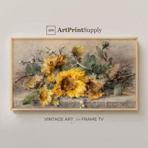 May include: A framed vintage art print featuring a still life of sunflowers in shades of yellow and brown, with green leaves and white berries. The artwork is labeled "ArtPrintSupply" and "VINTAGE ART for FRAME TV".