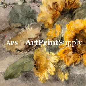 May include: Watercolor painting of sunflowers in full bloom, with vibrant yellow petals and green leaves. The artwork has a soft, painterly style with the text "ArtPrintSupply" visible in the image.